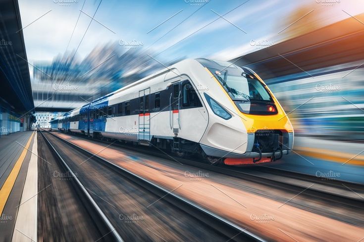 High speed train in motion on the featuring train, railway, and railroad