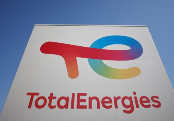 The logo of French oil and gas company TotalEnergies at a petrol station in Treillieres