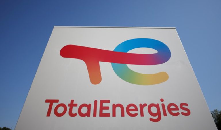 The logo of French oil and gas company TotalEnergies at a petrol station in Treillieres